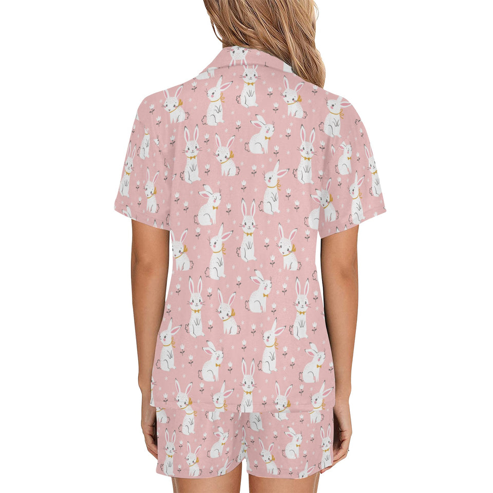 Cute white rabbit flower pink background Women's V-Neck Short Pajama Set