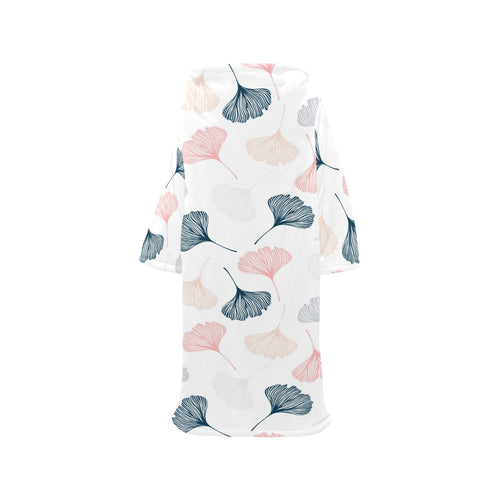 Black Gray Cream coral ginkgo leaves pattern Blanket Robe with Sleeves