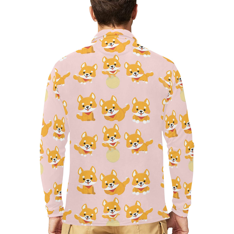 Cute shiba inu dog pattern Men's Long Sleeve Polo Shirt