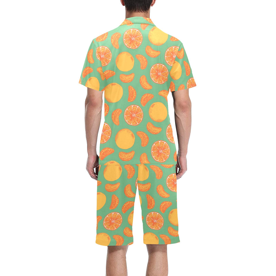 orange fruit pattern green background Men's V-Neck Short Pajama Set
