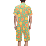orange fruit pattern green background Men's V-Neck Short Pajama Set