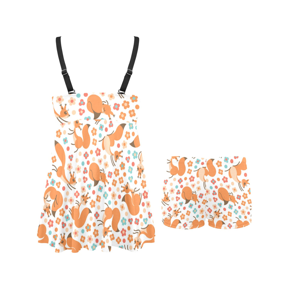 Squirrel Pattern Print Design 05 Chest Sexy Pleated Two Piece Swim Dress