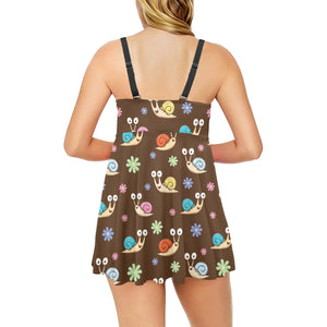 Snail Pattern Print Design 03 Chest Sexy Pleated Two Piece Swim Dress