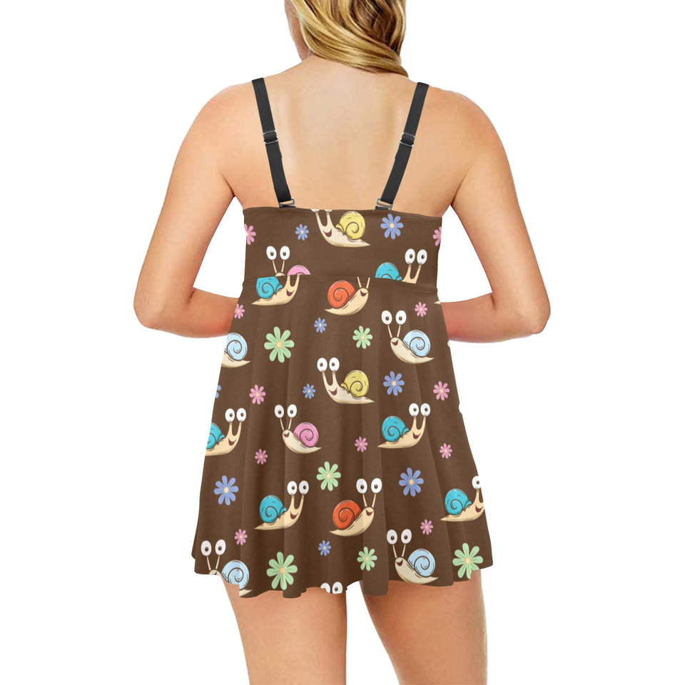 Snail Pattern Print Design 03 Chest Sexy Pleated Two Piece Swim Dress