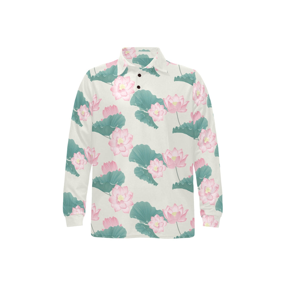 Pink lotus waterlily leaves pattern Men's Long Sleeve Polo Shirt