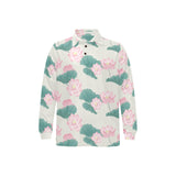 Pink lotus waterlily leaves pattern Men's Long Sleeve Polo Shirt