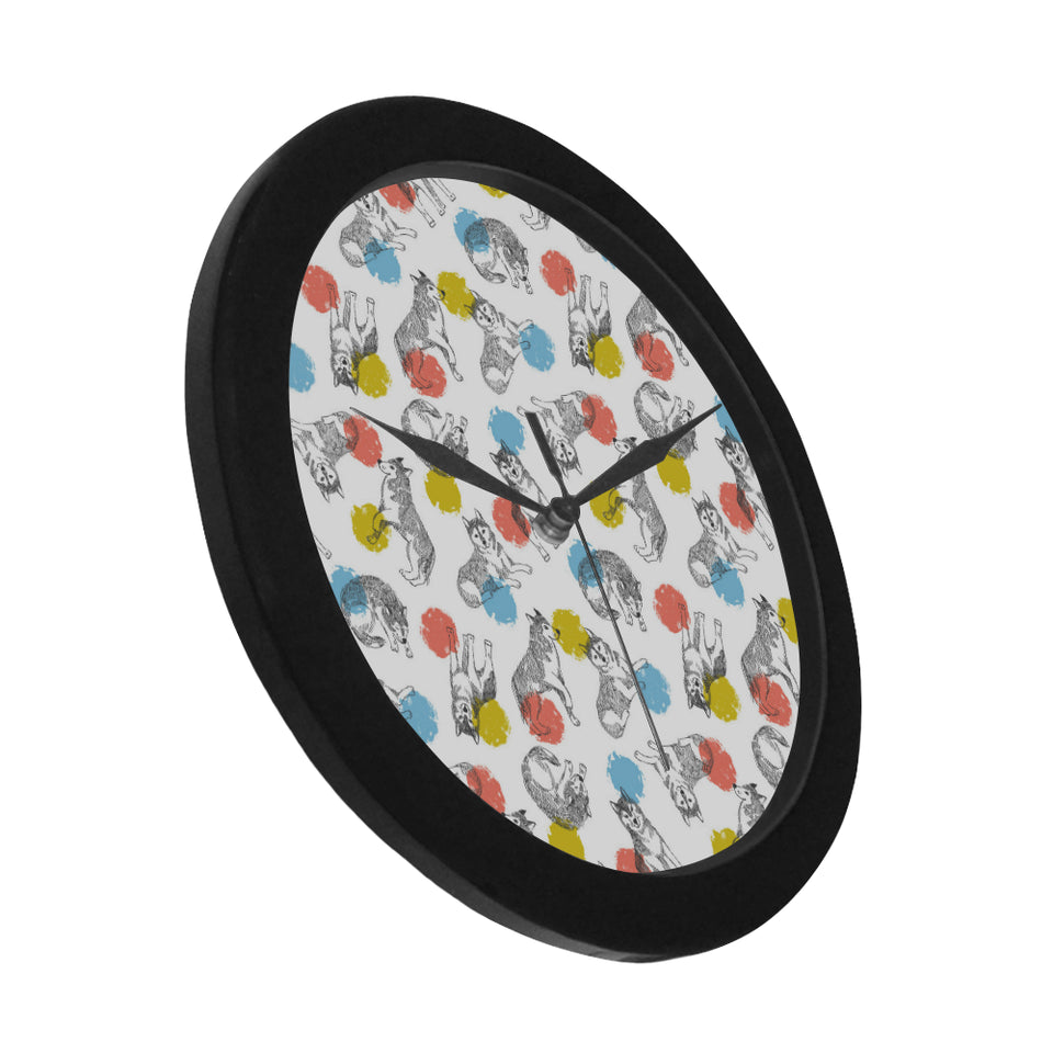 Siberian husky and colorful circle pattern Elegant Black Wall Clock