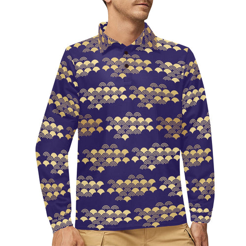 Beautiful japanese fan pattern Men's Long Sleeve Polo Shirt