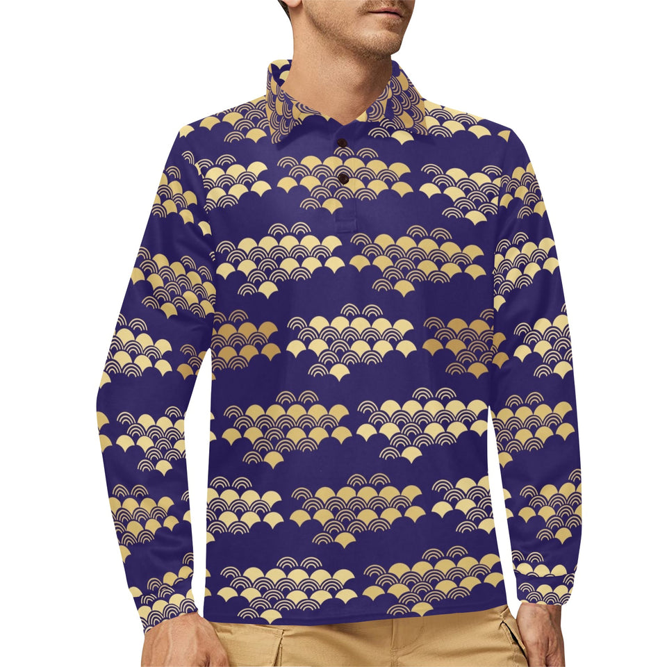 Beautiful japanese fan pattern Men's Long Sleeve Polo Shirt