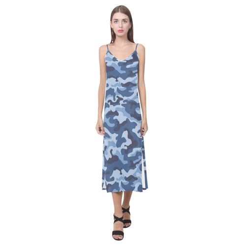 Blue camouflage pattern V-Neck Open Fork Long Dress