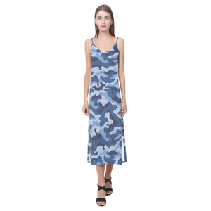 Blue camouflage pattern V-Neck Open Fork Long Dress