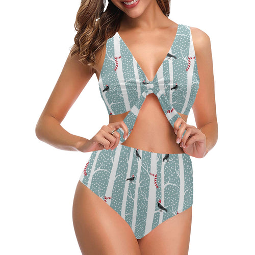 Crows christmas hat scarf Chest Bowknot High Waisted Bikini Swimsuit