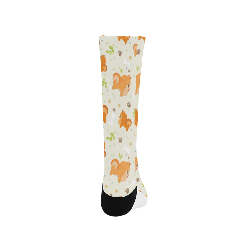 Cute brown pomeranian paw leave bone pattern Crew Socks