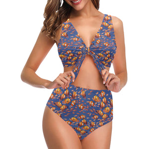 Clown Fish Pattern Print Design 04 Chest Bowknot High Waisted Bikini Swimsuit