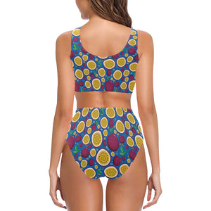 Passion fruit blue background Chest Bowknot High Waisted Bikini Swimsuit
