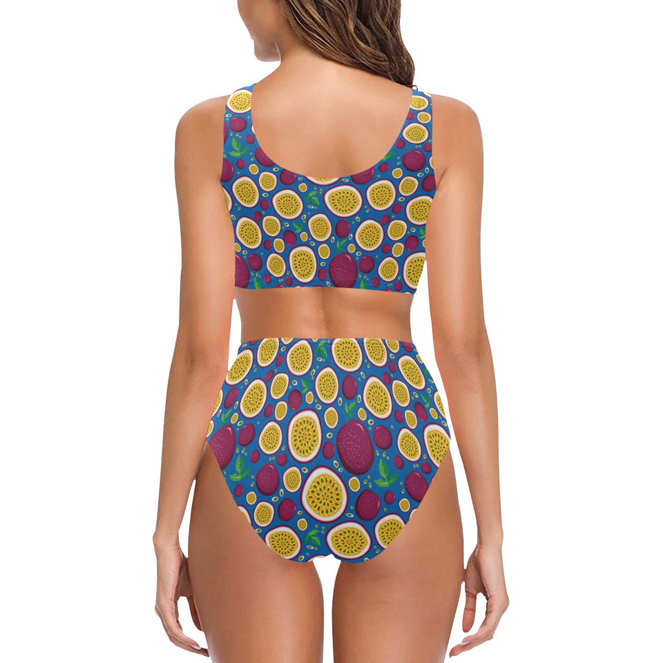 Passion fruit blue background Chest Bowknot High Waisted Bikini Swimsuit