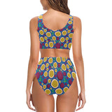 Passion fruit blue background Chest Bowknot High Waisted Bikini Swimsuit