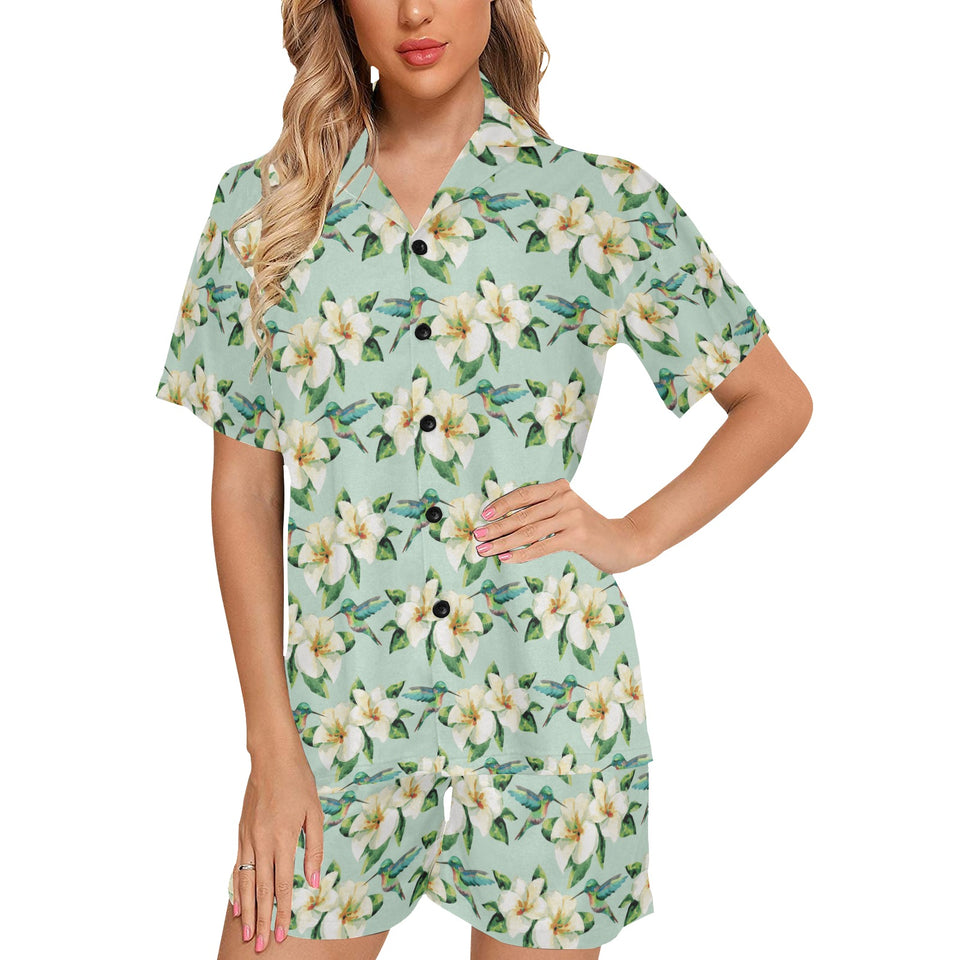 Hummingbird Pattern Print Design 01 Women's V-Neck Short Pajama Set