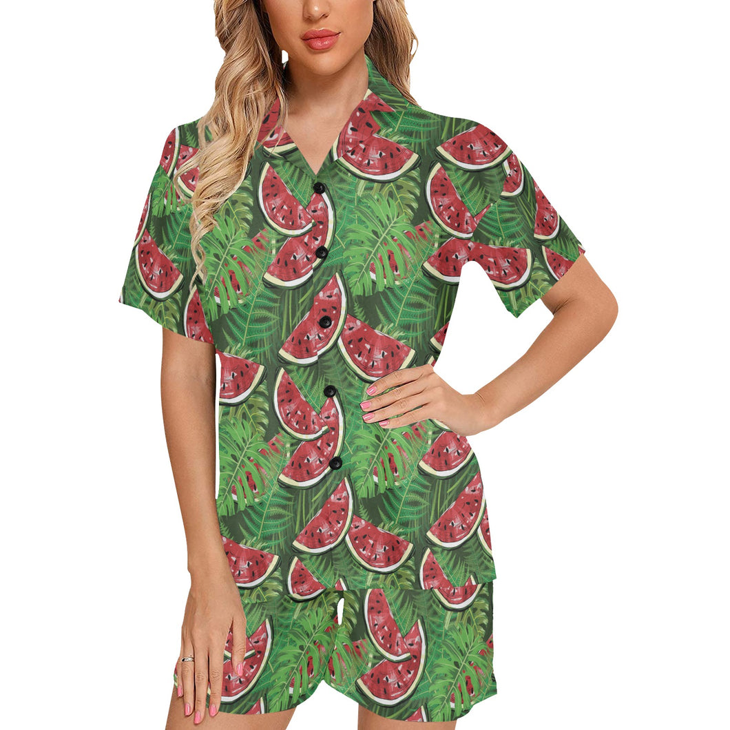 Watermelons tropical palm leaves pattern backgroun Women's V-Neck Short Pajama Set