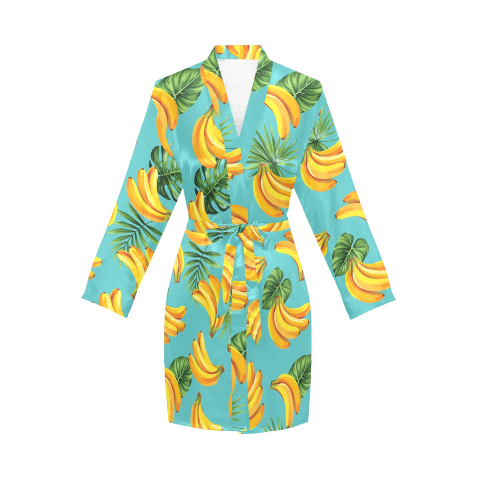 Banana Palm Leaves pattern background Women's Long Sleeve Belted Night Robe