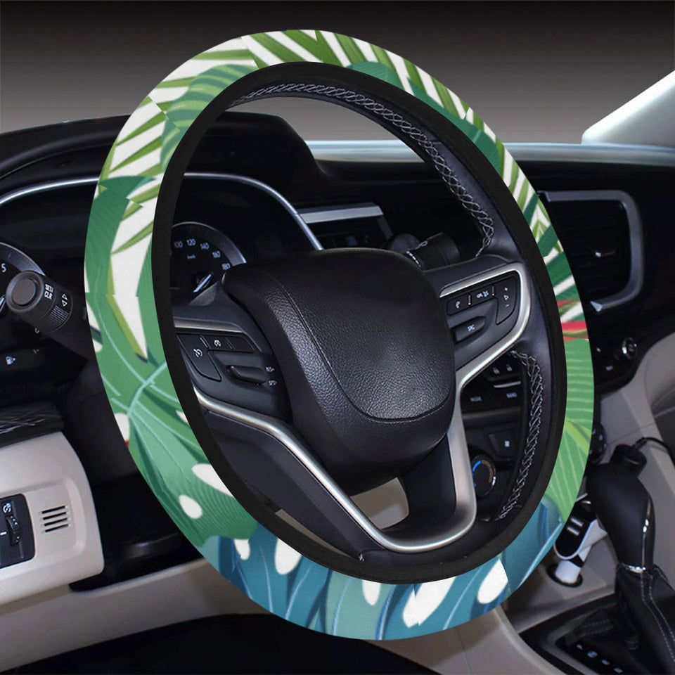 heliconia palm and monstera  leaves pattern Car Steering Wheel Cover