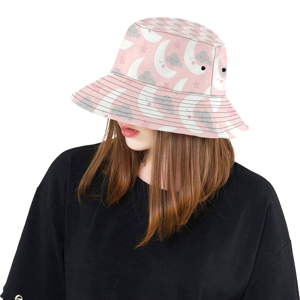 Cute moon cloud star pattern pink dot background Unisex Bucket Hat