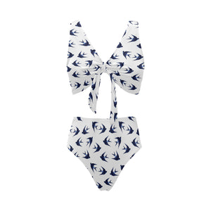 Swallow Pattern Print Design 03 Chest Bowknot High Waisted Bikini Swimsuit