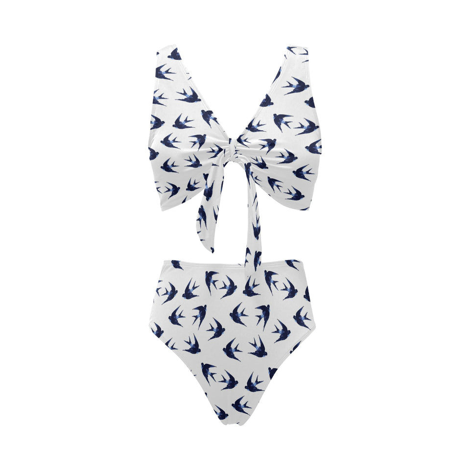 Swallow Pattern Print Design 03 Chest Bowknot High Waisted Bikini Swimsuit