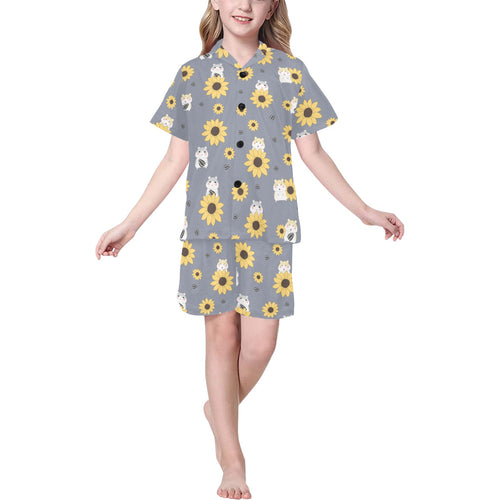 Cute hamster sunflower pattern background Kids' Boys' Girls' V-Neck Short Pajama Set