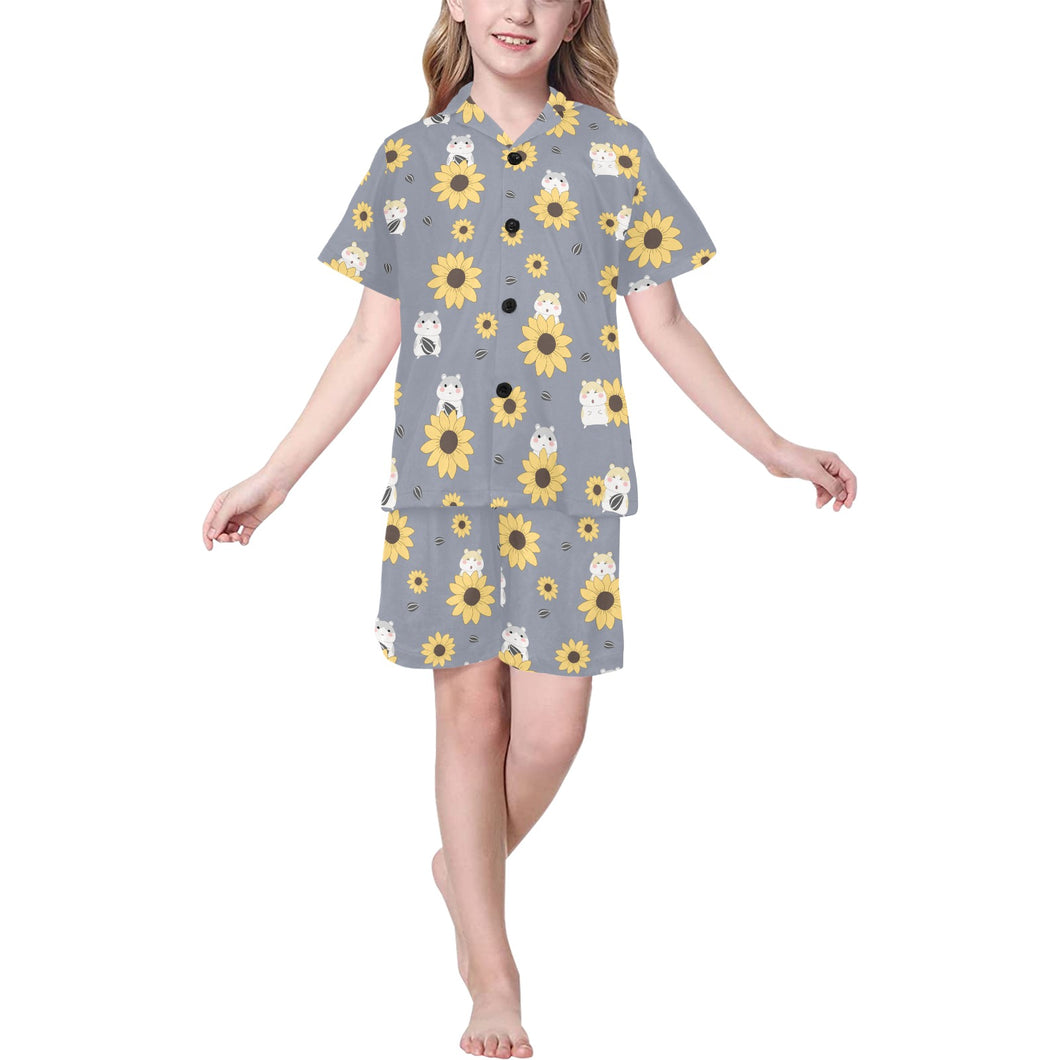 Cute hamster sunflower pattern background Kids' Boys' Girls' V-Neck Short Pajama Set
