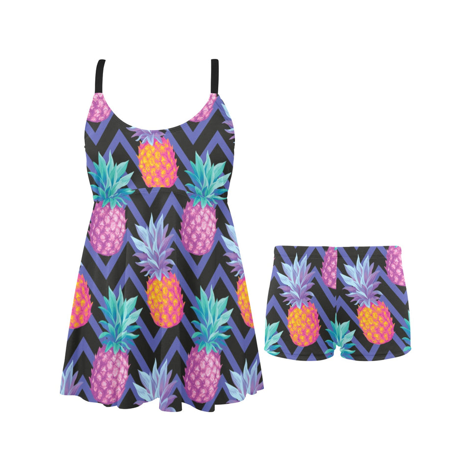 Pineapples pattern zigzag background Chest Sexy Pleated Two Piece Swim Dress