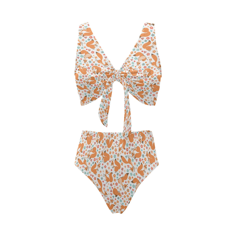 Squirrel Pattern Print Design 05 Chest Bowknot High Waisted Bikini Swimsuit