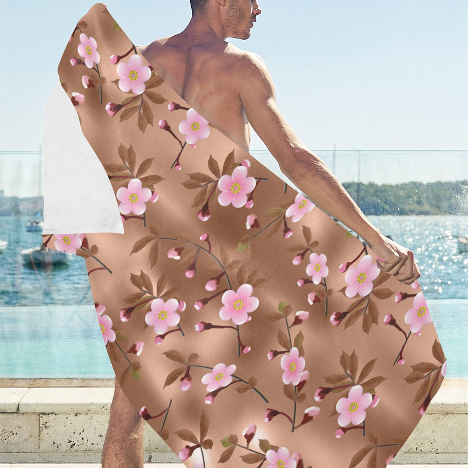 Pink sakura cherry blossom drak brown background Beach Towel