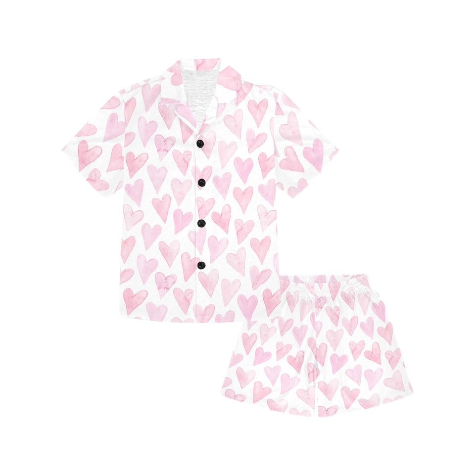 Watercolor pink heart pattern Kids' Boys' Girls' V-Neck Short Pajama Set