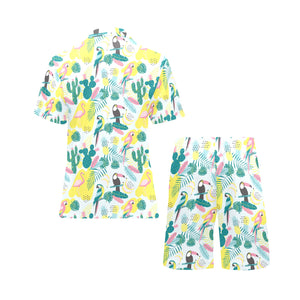 Cute parrot toucan flamingo cactus exotic leaves p Men's V-Neck Short Pajama Set