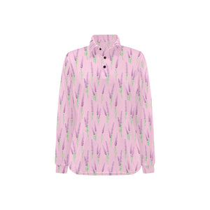 Lavender pattern pink background Women's Long Sleeve Polo Shirt