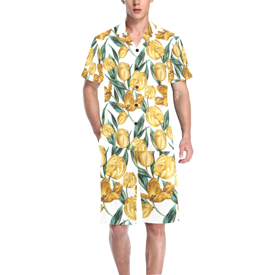yellow tulips pattern Men's V-Neck Short Pajama Set