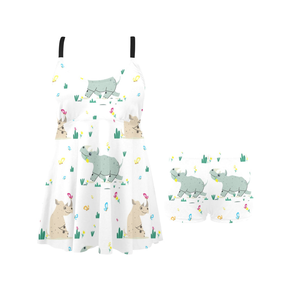 Cute Rhino pattern Chest Sexy Pleated Two Piece Swim Dress