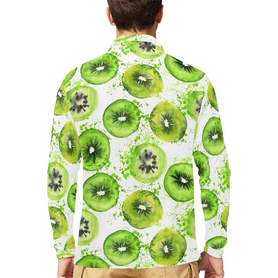 Watercolor kiwi pattern Men's Long Sleeve Polo Shirt
