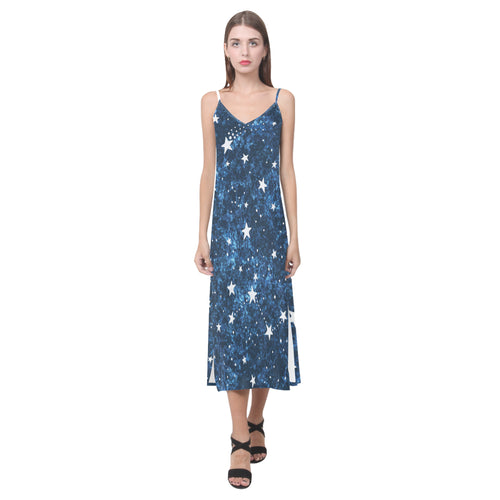 Night sky star pattern V-Neck Open Fork Long Dress