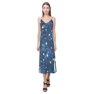 Night sky star pattern V-Neck Open Fork Long Dress