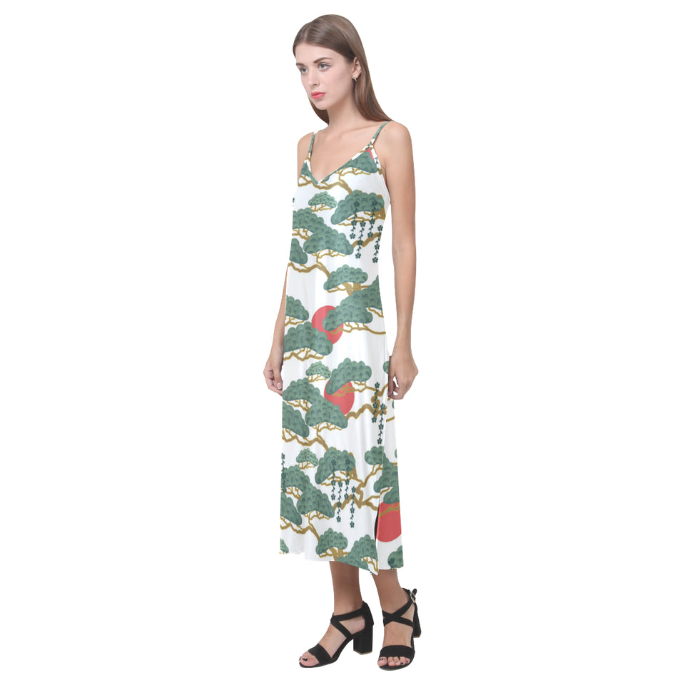 Bonsai red sun japanese pattern V-Neck Open Fork Long Dress