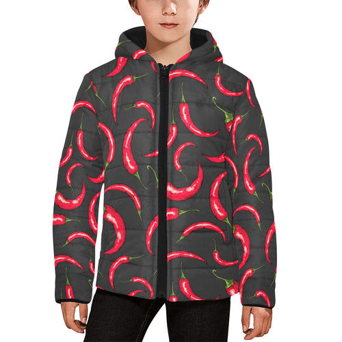 Chili peppers pattern black background Kids' Boys' Girls' Padded Hooded Jacket