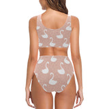 Swan flower light pink background Chest Bowknot High Waisted Bikini Swimsuit