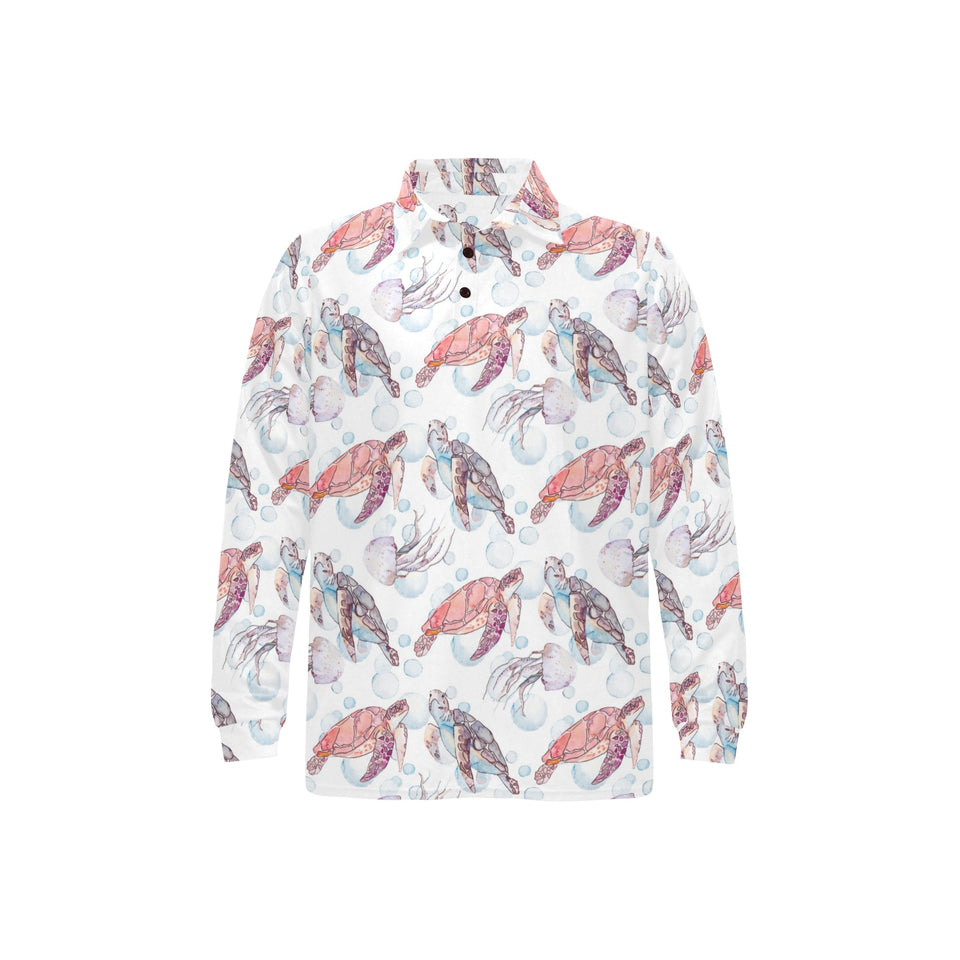 Watercolor sea turtle jellyfish pattern Men's Long Sleeve Polo Shirt