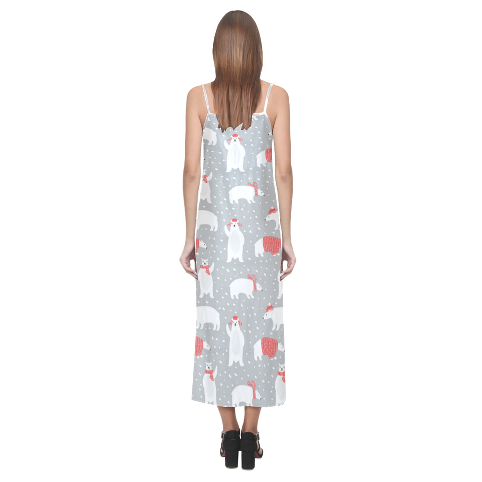 Cute polar bear christmas snow pattern V-Neck Open Fork Long Dress