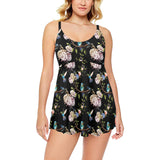 Hummingbird Pattern Print Design 03 Chest Sexy Pleated Two Piece Swim Dress