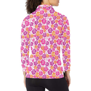 Hibiscus Pattern Print Design 01 Women's Long Sleeve Polo Shirt
