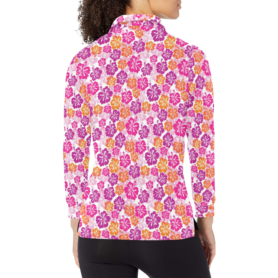 Hibiscus Pattern Print Design 01 Women's Long Sleeve Polo Shirt