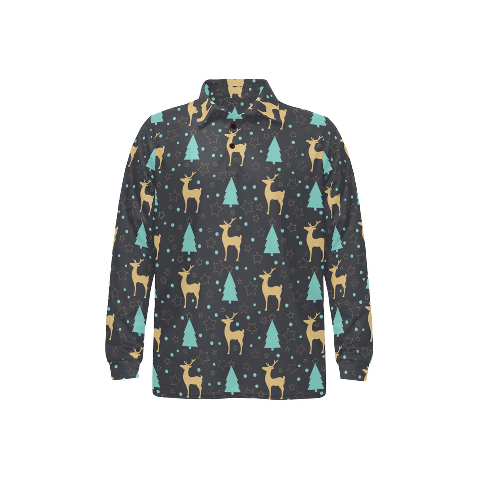Deers star tree pattern Men's Long Sleeve Polo Shirt